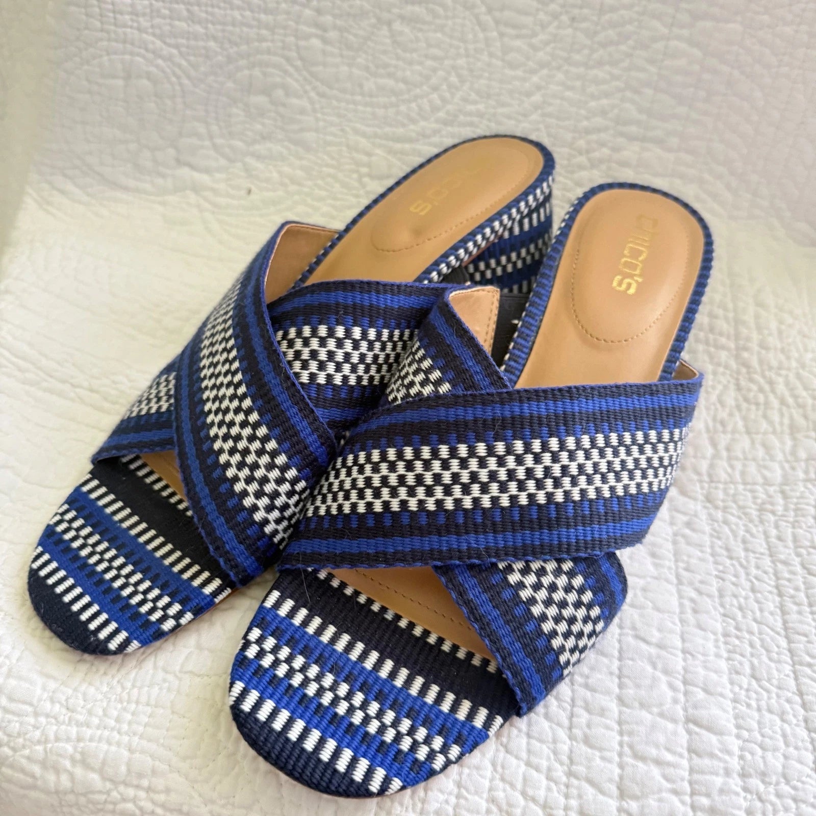 Chico's Woven Criss Cross Block Heel Sandals Blue Grotto Size 10M MSRP $148