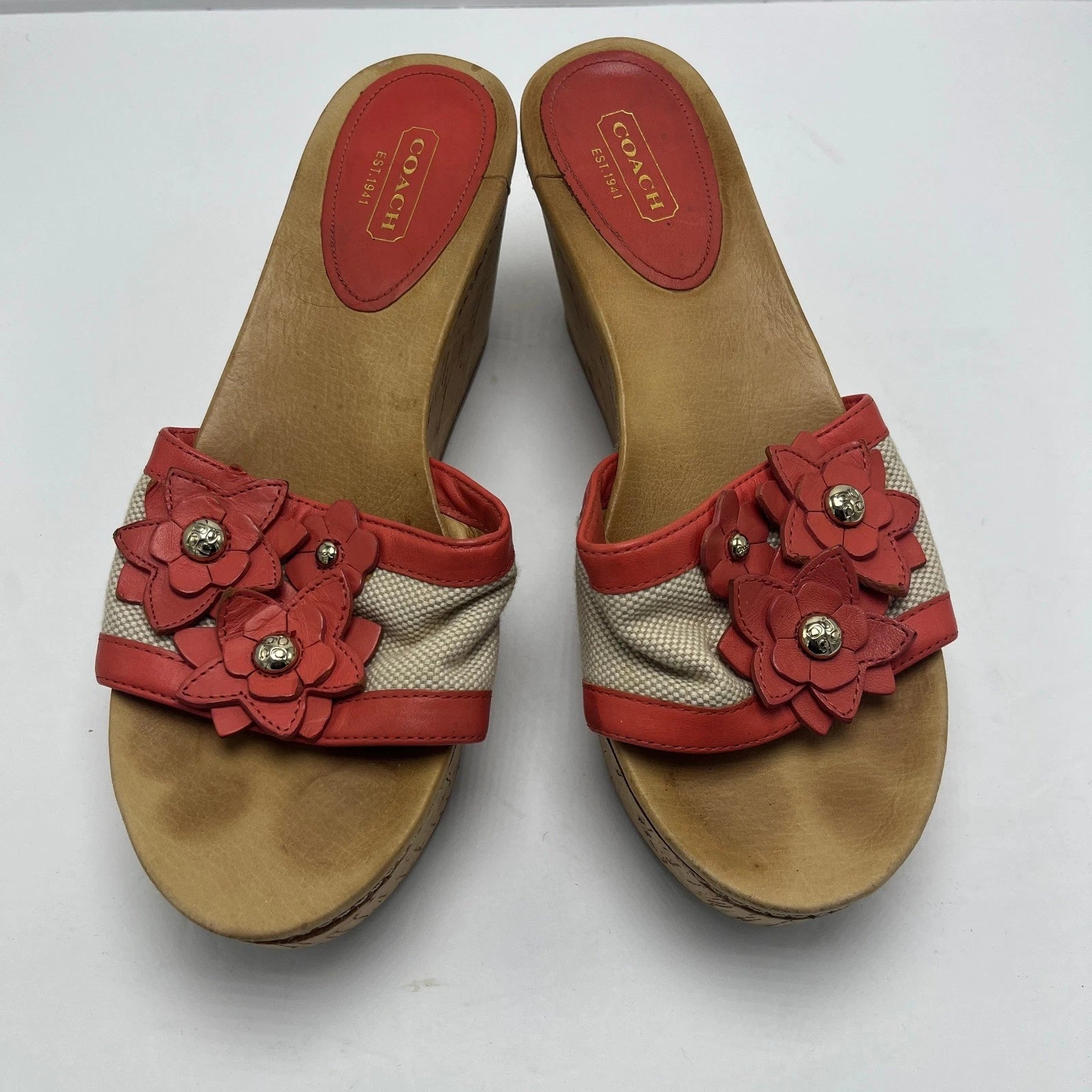 Coach Jesaca Floral Wedge Sandals Slides Platform Cork Heels Red Sz 7B A8663