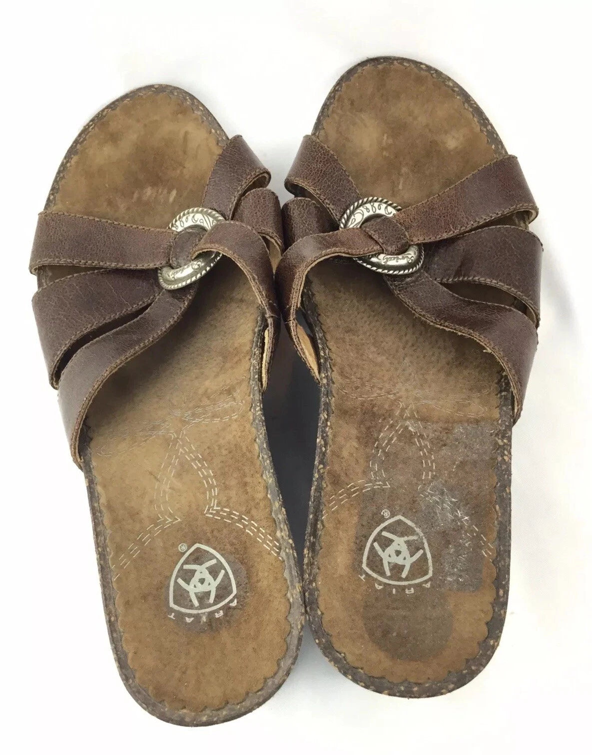 ARIAT Brown Leather Cork Wedge Slide Silver Ring Style 20903 Sandals Sz 8B