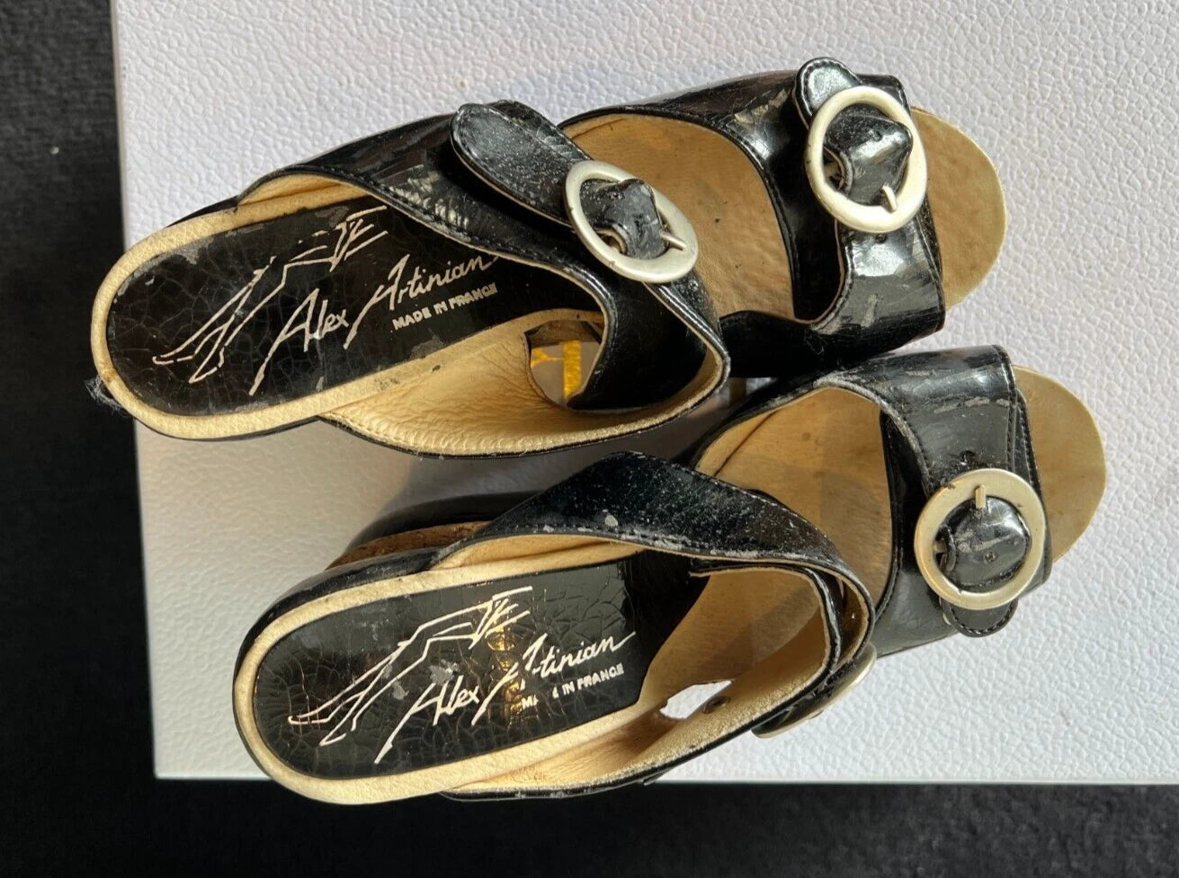 ALEX ARTINIAN France 70-80s Black Leather Platform Wedge Slides Sandals 37EU/7US