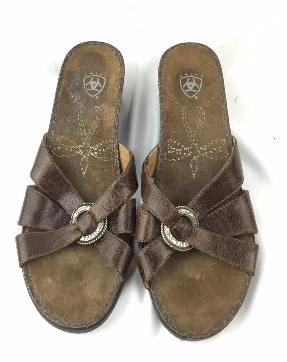ARIAT Brown Leather Cork Wedge Slide Silver Ring Style 20903 Sandals Sz 8B