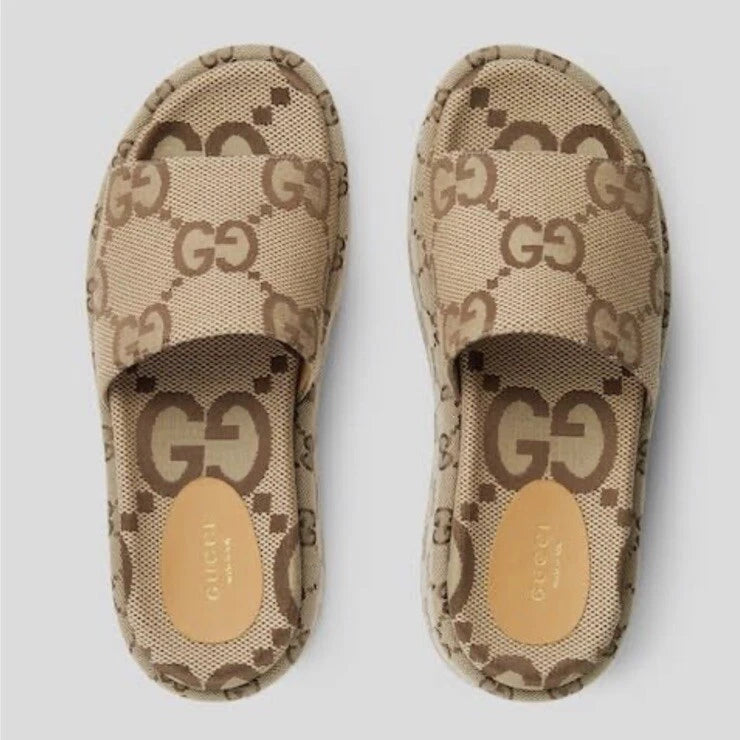 Gucci Womens Angelina Maxi GG Platform Slide Sandals- Beige Canvas- 40.5 /10.5US