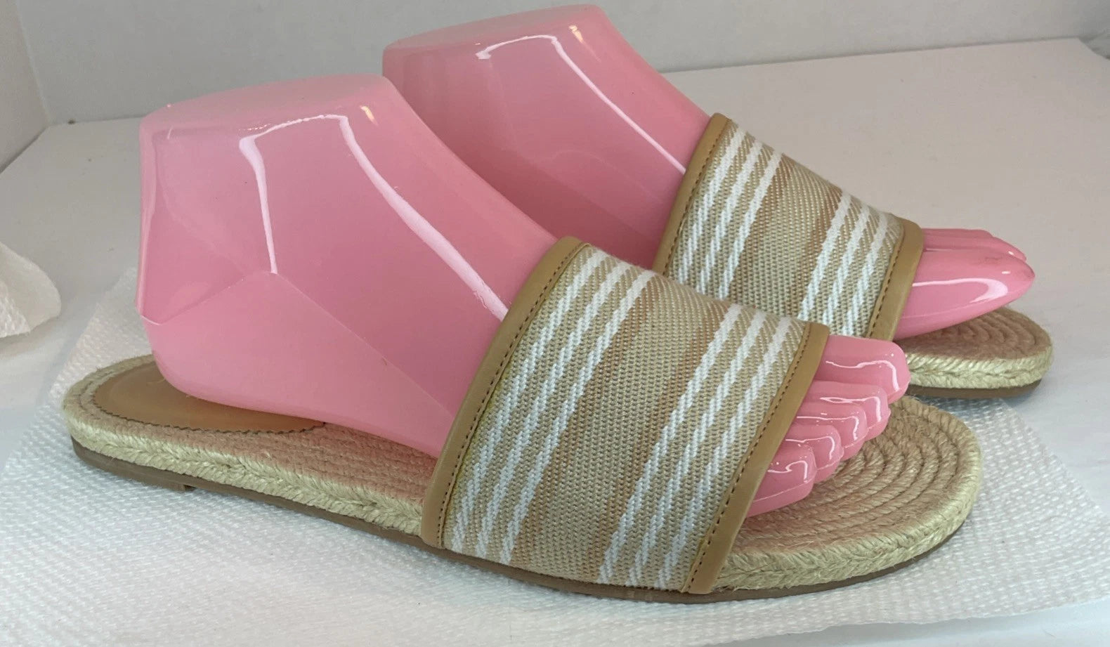 J. Crew Sandals Womens 10 White Tan Striped Espadrille Slides Flat Summer Beach
