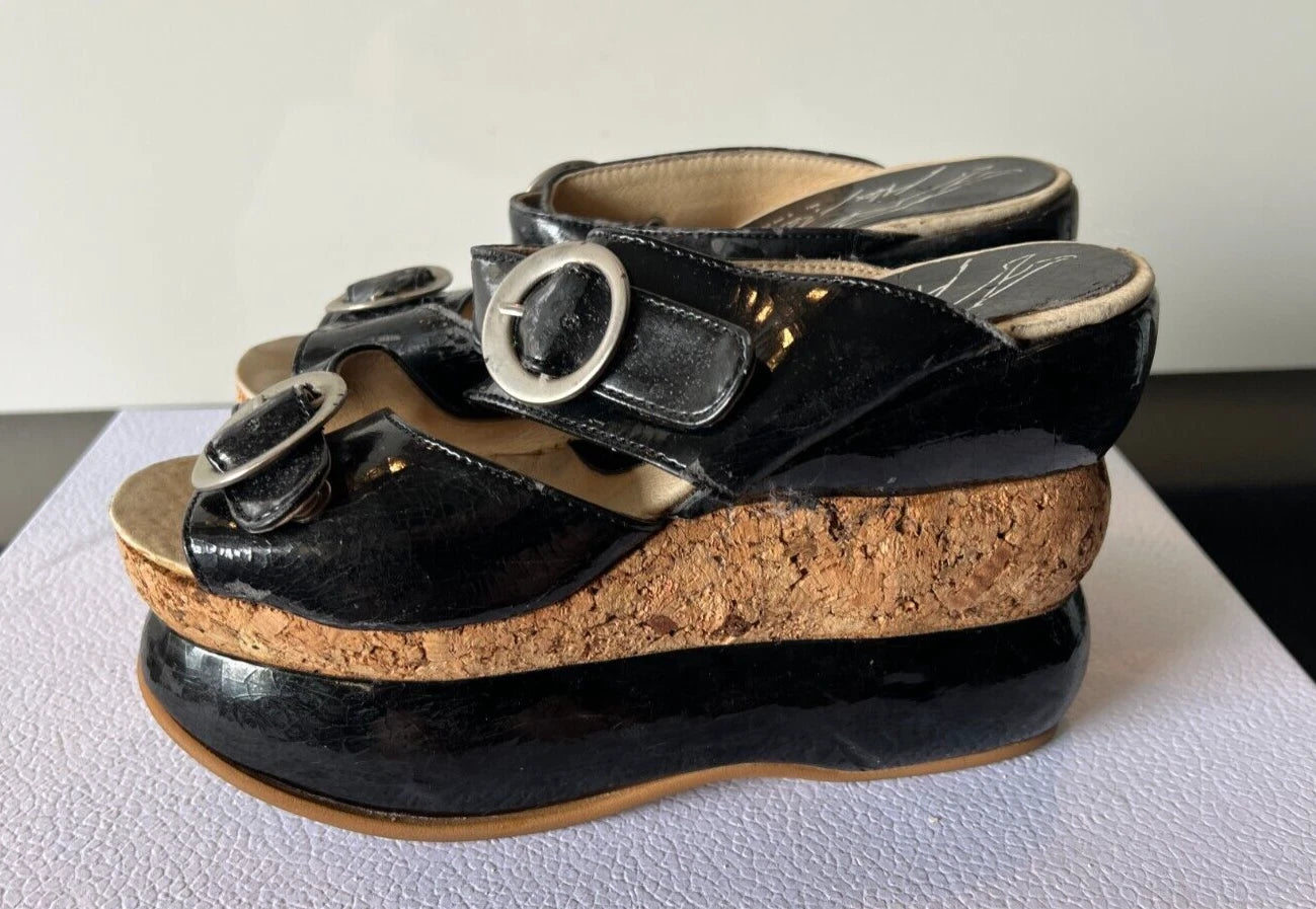 ALEX ARTINIAN France 70-80s Black Leather Platform Wedge Slides Sandals 37EU/7US