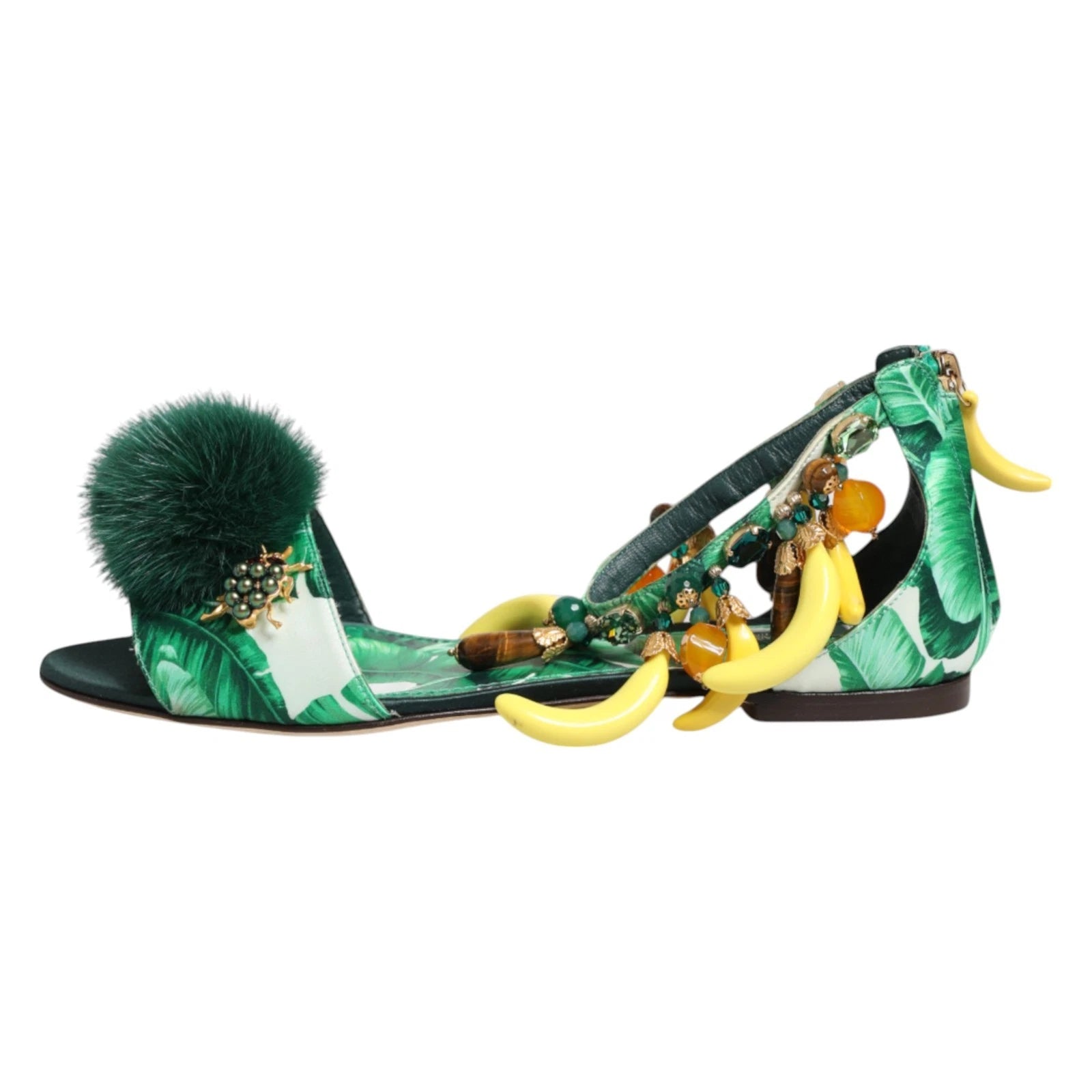 DOLCE & GABBANA Shoes Green Mink Fur Satin Banana Leaf Sandals EU35.5/US5 $1500
