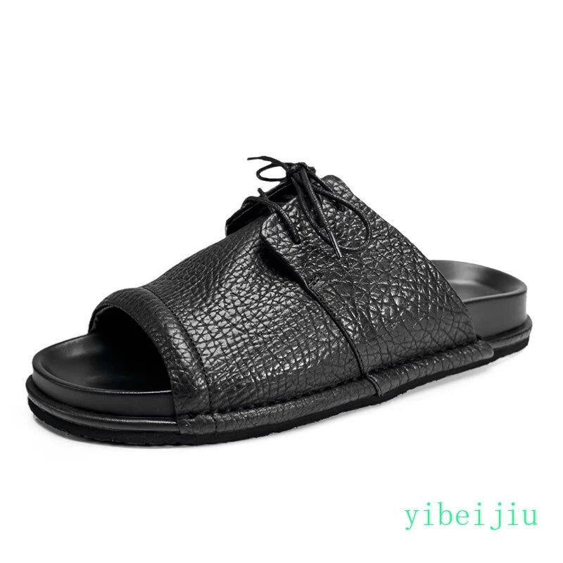 Men's Real Leather Slippers Open Toe Sandals Slides Lace Up Flat Comfort Casual