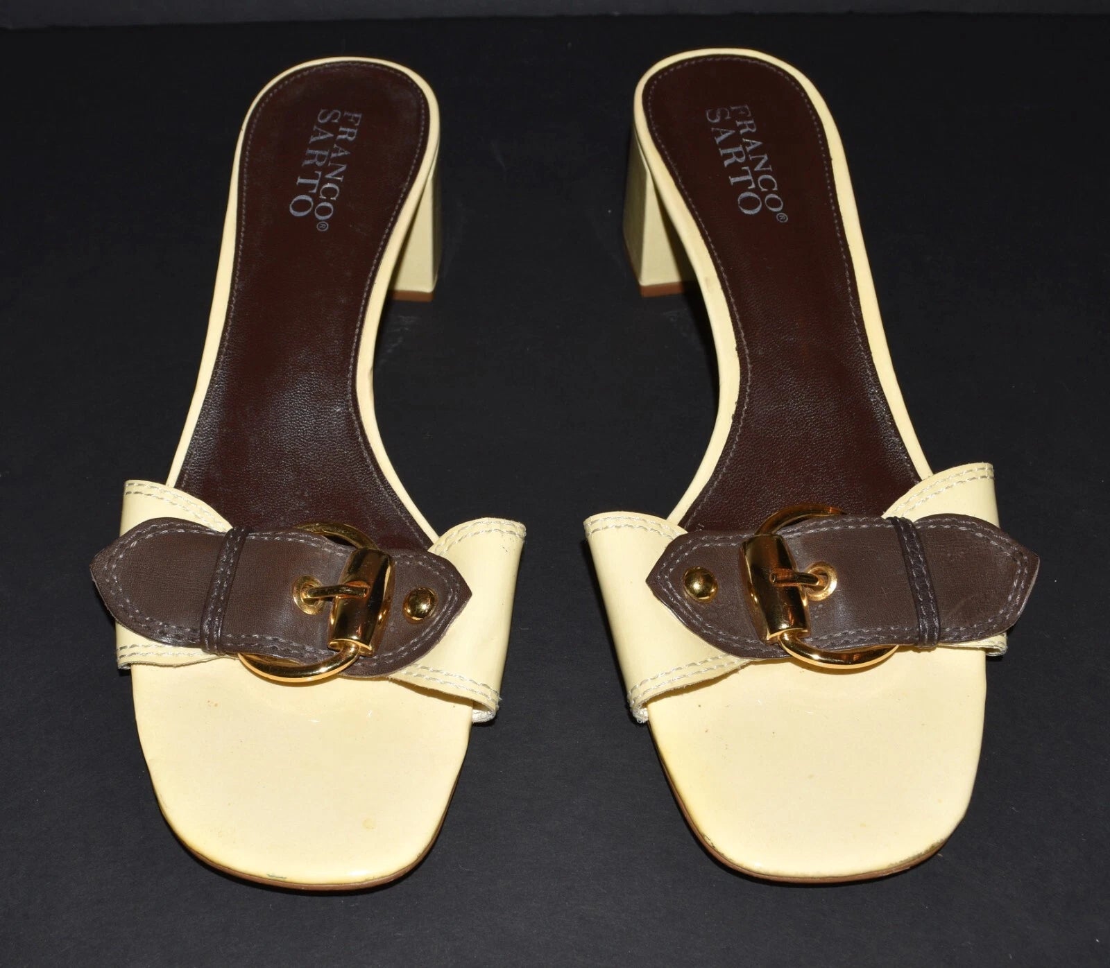 Franco Sarto Neat Yellow Patent Leather Buckle Toe Slide Sandals Size 9M Brazil