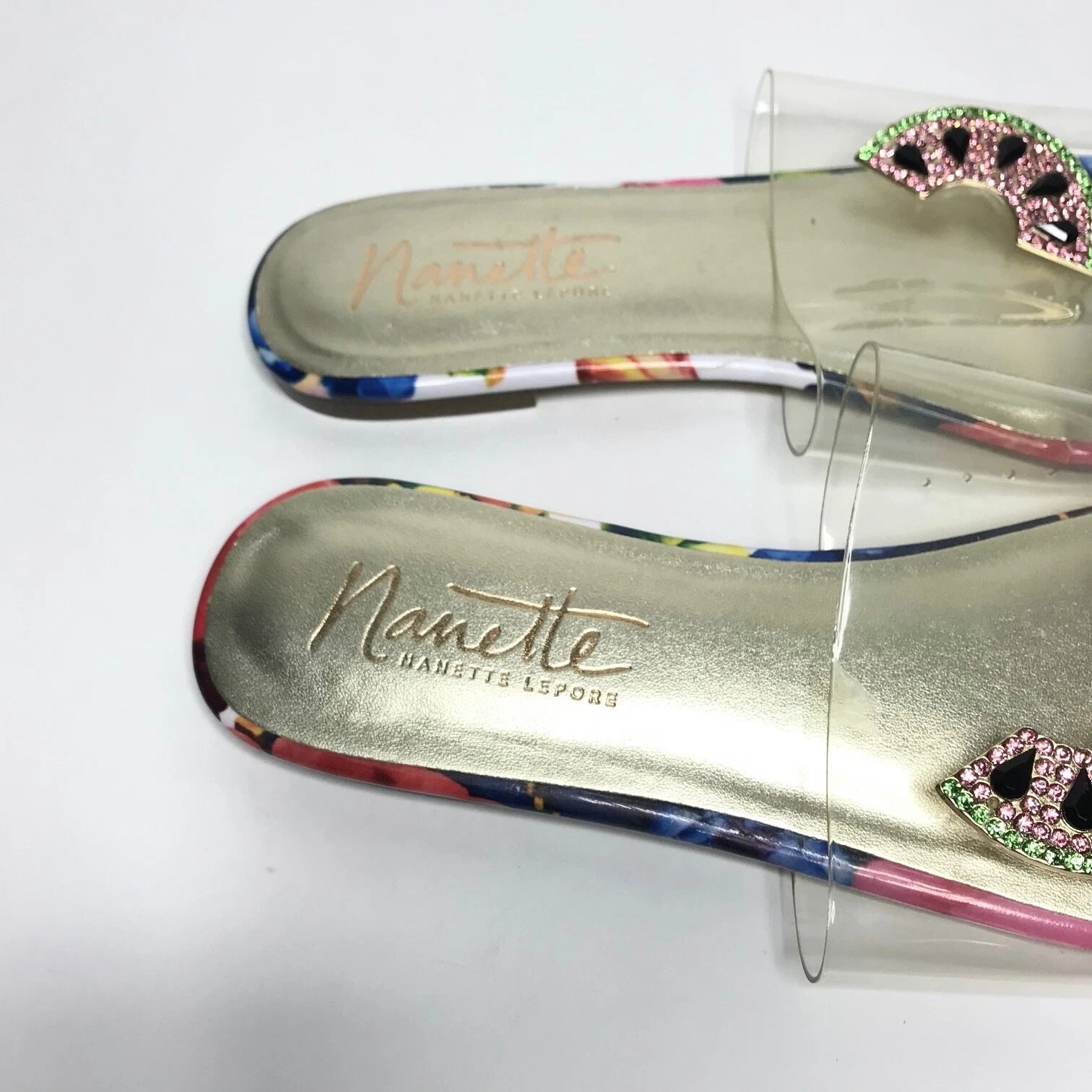 Nanette Lepore Women's Sandals Jeweled Transparent Watermelon Floral Sz 8M