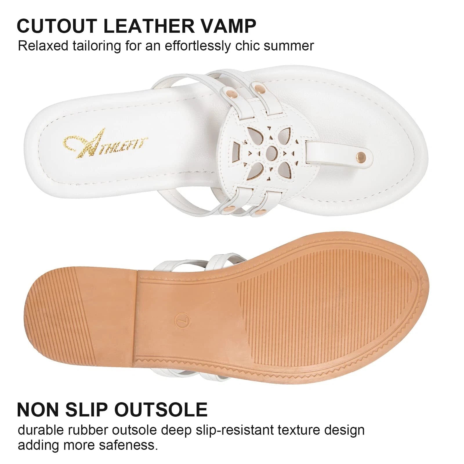 Athlefit Womens Flat Sandals Leather Casual Beach Slip Ons White Sandal Size 6.5