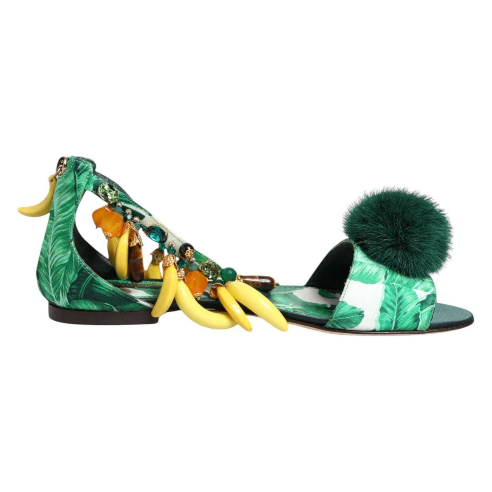 DOLCE & GABBANA Shoes Green Mink Fur Satin Banana Leaf Sandals EU35.5/US5 $1500