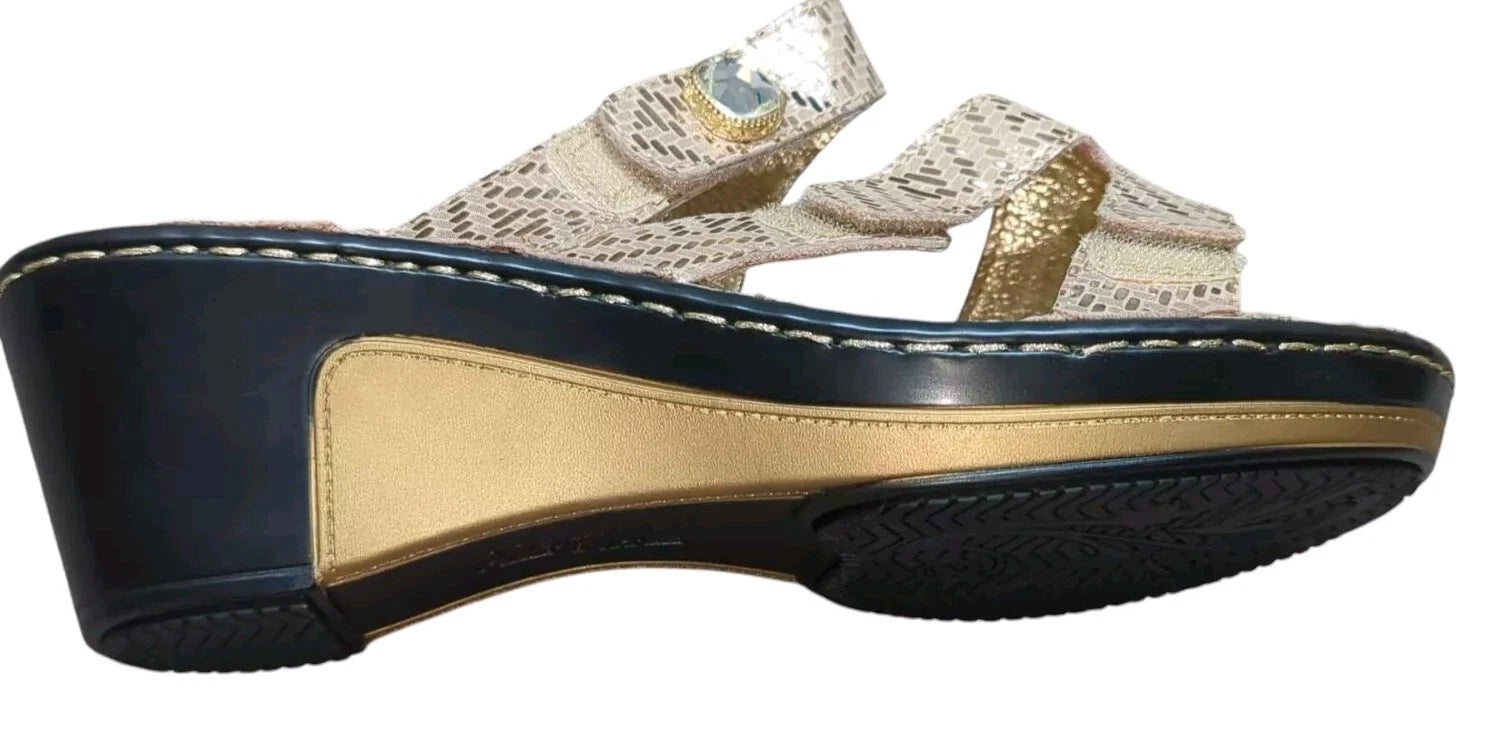 Alegria LOTI Gold Dazzler Sandal Wedge Slide On Open Toe Size 37