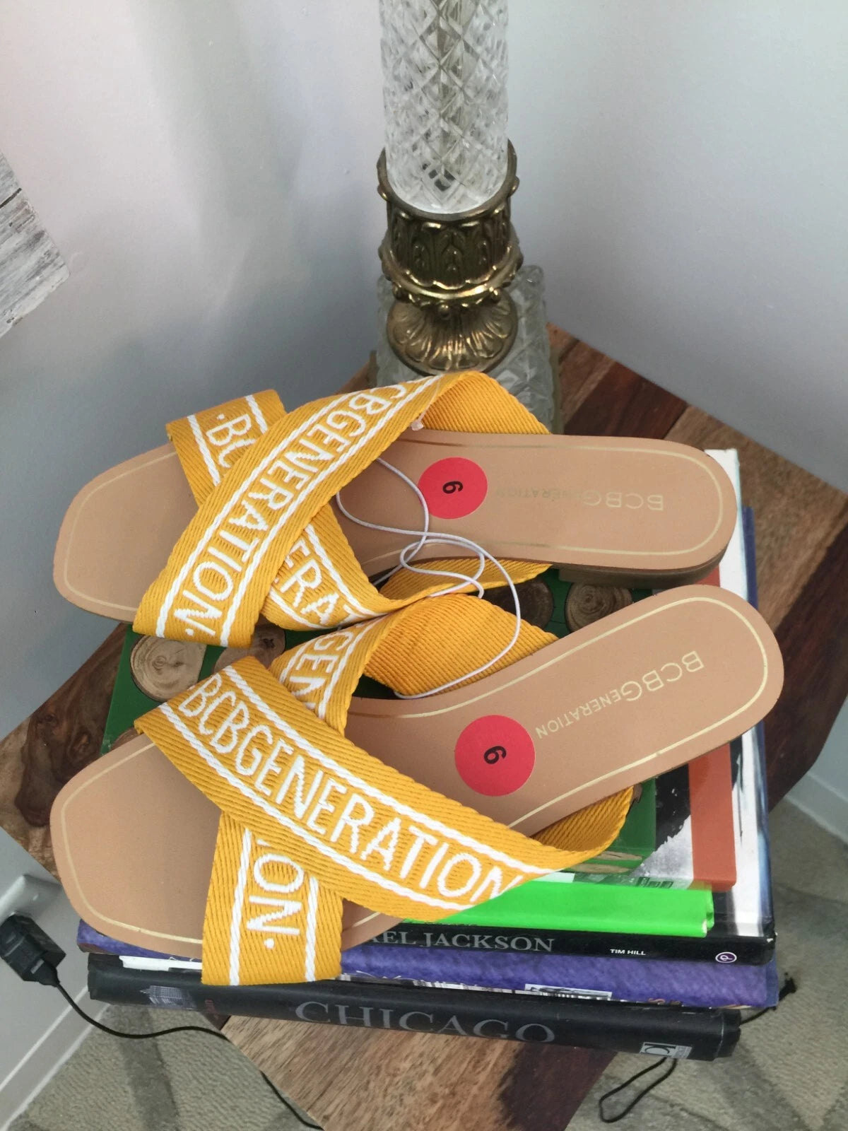 BCBG NEW Flats Slides Sandals 6 Yellow Mustard white LOGO KEENA STYLE