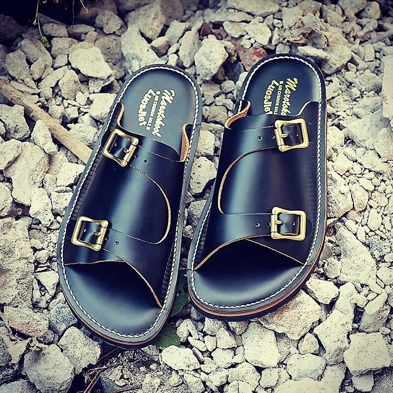 Korean Style Handmade Handcrafted Genuine Leather Slide On Flip Flops Sandals