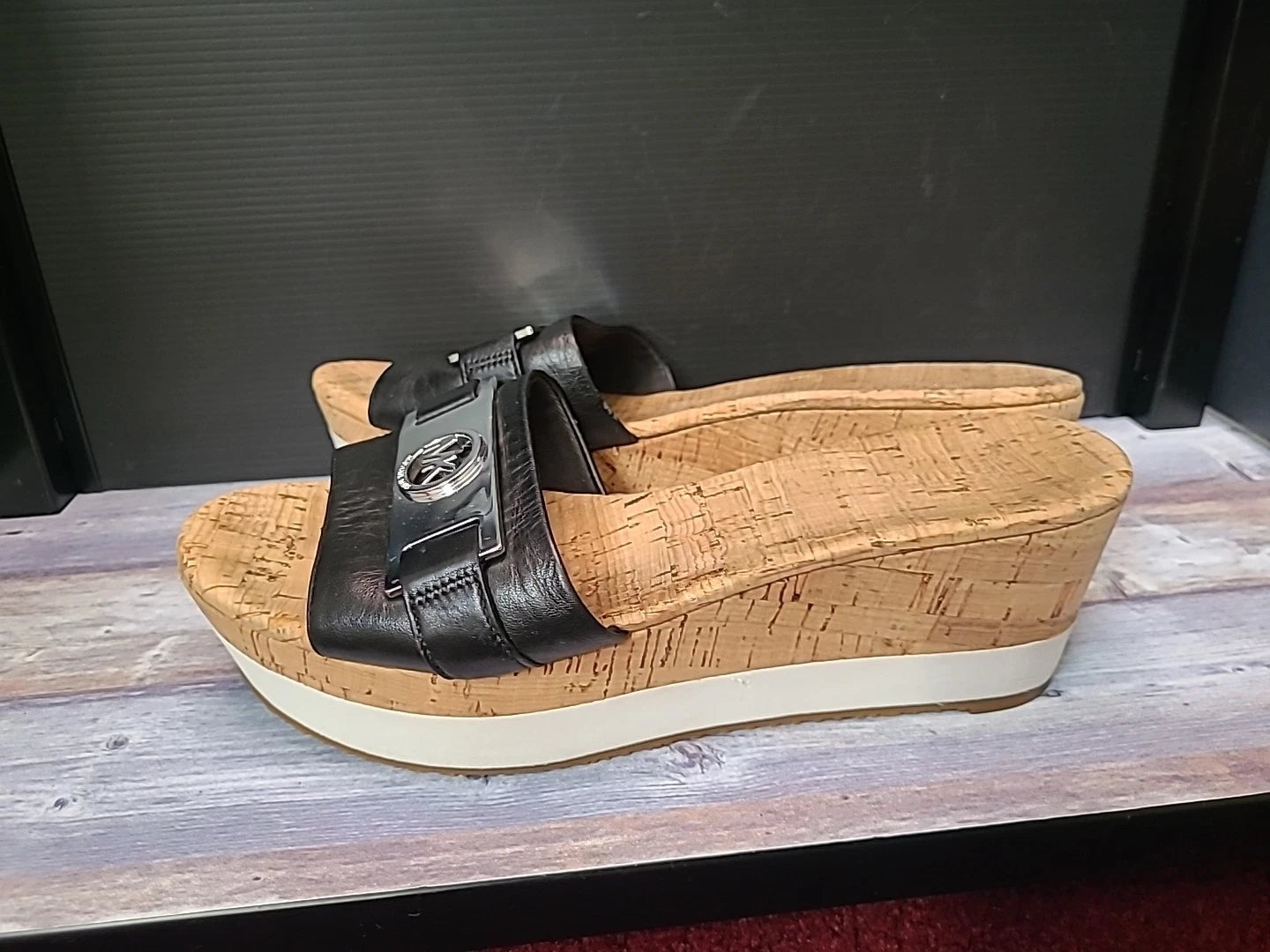 Michael Kors Warren Platform Sandal 8.5M Black Wedge Shoe Cork Open Toe Slide