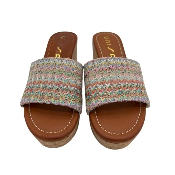 New Unisa Platform Rainbow Wedge Sandals Colorful Woven Slide Cork Heel Size 7M