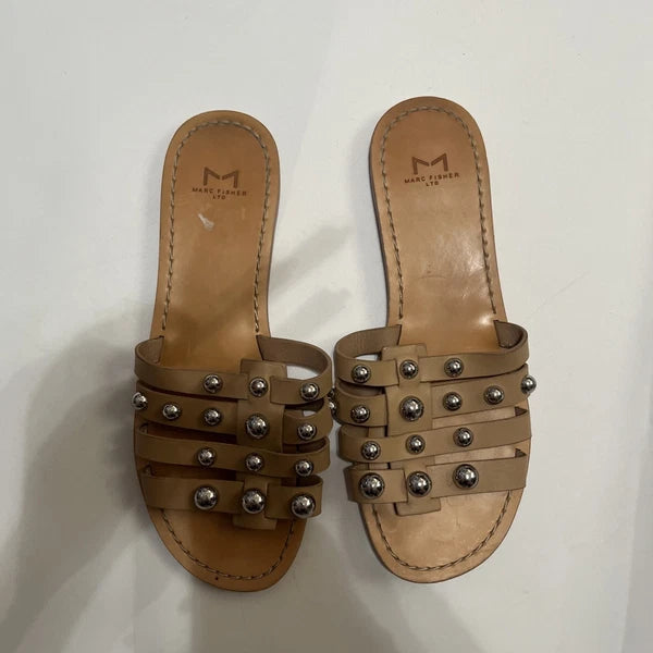 Marc Fisher Sandals Womens 7.5 Tan Pava Slides Studded Flat Leather Gladiator