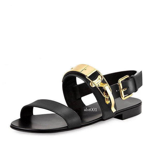 Open Toe Sandals Slingback Metal Trim Casual Real Leather Mens Shoes Roman Style