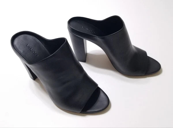 NIB Vince Alora Leather Block Heel Slide Sandal in Black Size 9 $295