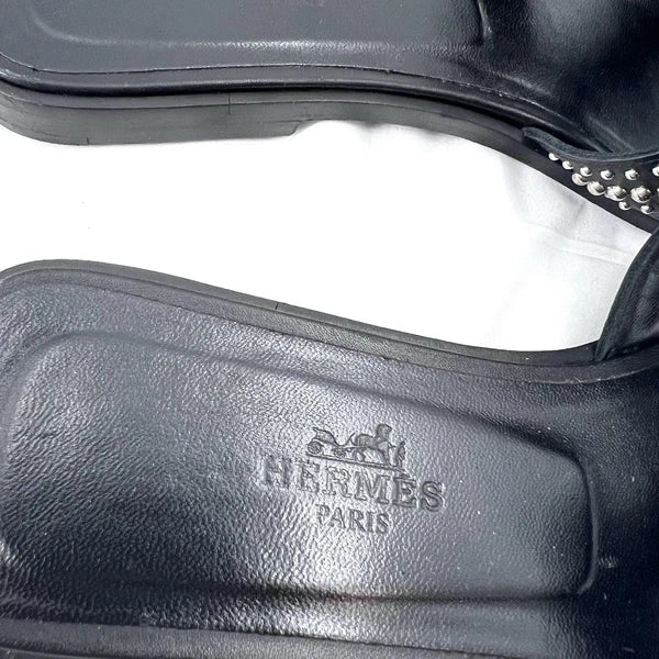 Hermes Oran Black Leather Studded Slide Sandals Womens Size EU 37 / US 6.5
