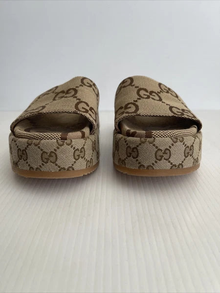 Gucci Womens Angelina Maxi GG Platform Slide Sandals- Beige Canvas- 40.5 /10.5US