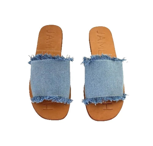 James Smith Womens Sandals Denim Slides Frayed Leather Sole Size 38 NEW