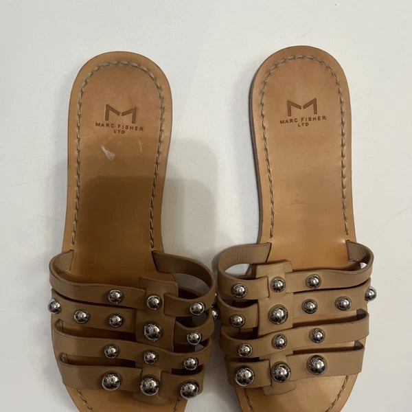 Marc Fisher Sandals Womens 7.5 Tan Pava Slides Studded Flat Leather Gladiator