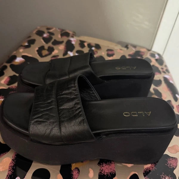 ALDO Y2K Style Libby Black Leather Platform Sandal Slides in 40 US 10