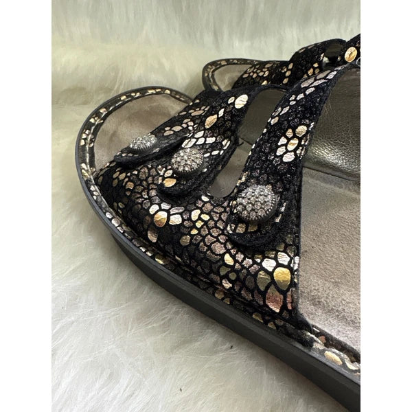 Alegria Black & Gold Leather Rhinestone Embellished Slide Sandals EU 41