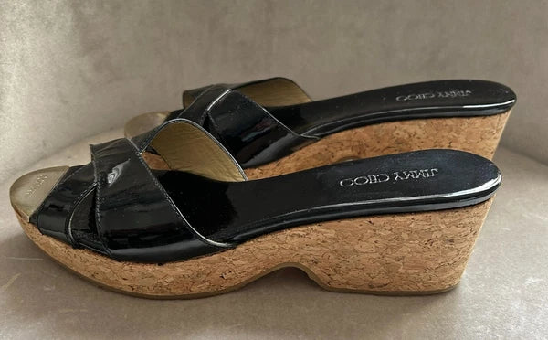 Jimmy Choo Black Patent Leather Platform Sandal Cork Wedges, Gold Toe, Size 37/7