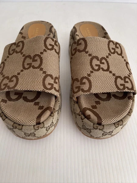 Gucci Womens Angelina Maxi GG Platform Slide Sandals- Beige Canvas- 40.5 /10.5US