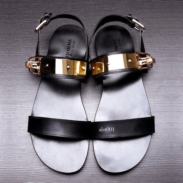 Open Toe Sandals Slingback Metal Trim Casual Real Leather Mens Shoes Roman Style