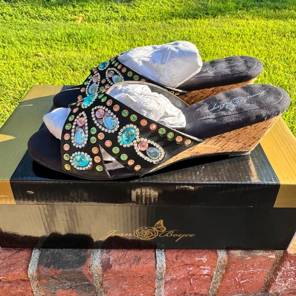 Joan Boyce Embellished Wedge Sandals Black Multi Rhinestone Slides Womens 7W NIB