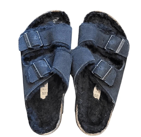 Birkenstock Sandals Women's 7 Black Arizona Shearling Lined Cozy Suede Leather