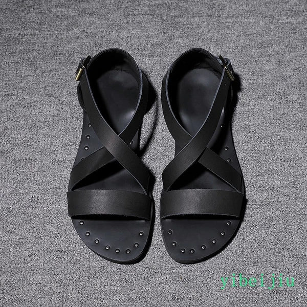 Fashion Men's Real Leather Summer Beach Roman Sandals Studded Shoes Flat Vintage