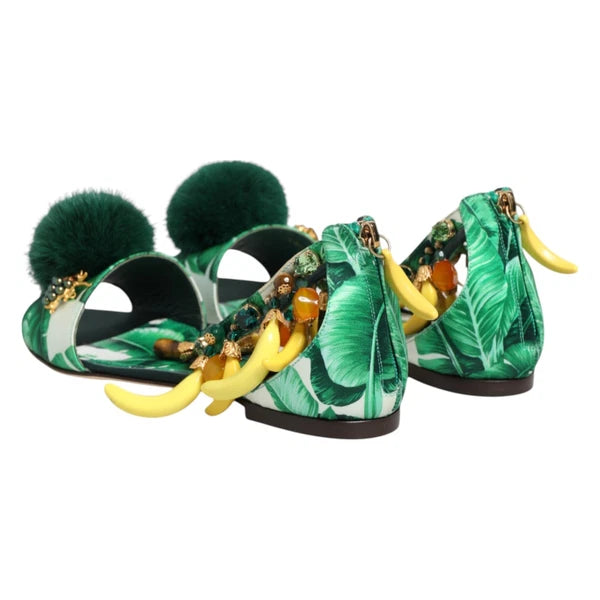 DOLCE & GABBANA Shoes Green Mink Fur Satin Banana Leaf Sandals EU35.5/US5 $1500