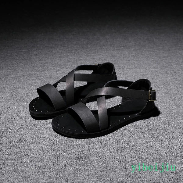 Fashion Men's Real Leather Summer Beach Roman Sandals Studded Shoes Flat Vintage