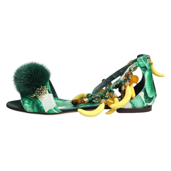 DOLCE & GABBANA Shoes Green Mink Fur Satin Banana Leaf Sandals EU36.5/US6 $1500