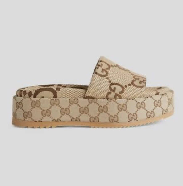 Gucci Womens Angelina Maxi GG Platform Slide Sandals- Beige Canvas- 40.5 /10.5US