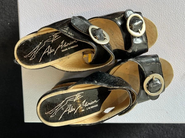 ALEX ARTINIAN France 70-80s Black Leather Platform Wedge Slides Sandals 37EU/7US