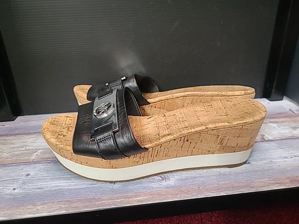 Michael Kors Warren Platform Sandal 8.5M Black Wedge Shoe Cork Open Toe Slide