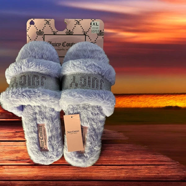 Juicy Couture Black/Silver Slide Slipper Sandals Faux Fur Size XL ( 9.5 - 10.5 )