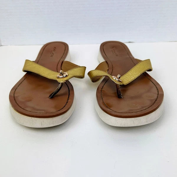 Coach Shelly Metallic Gold Leather Turnlock Flip Flops Thong Sandals Shoes 8.5