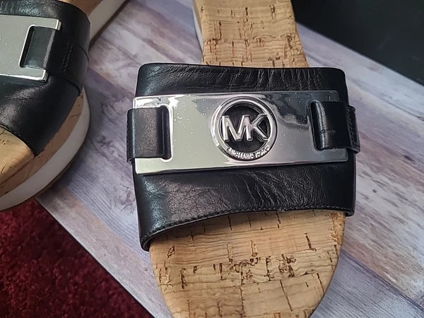 Michael Kors Warren Platform Sandal 8.5M Black Wedge Shoe Cork Open Toe Slide