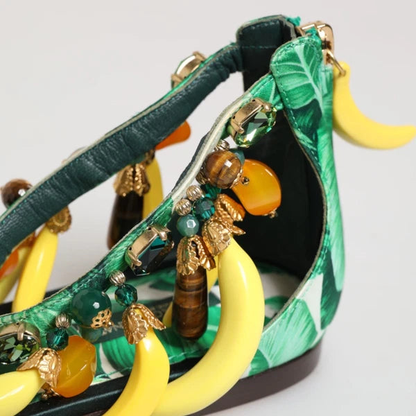 DOLCE & GABBANA Shoes Green Mink Fur Satin Banana Leaf Sandals EU35.5/US5 $1500