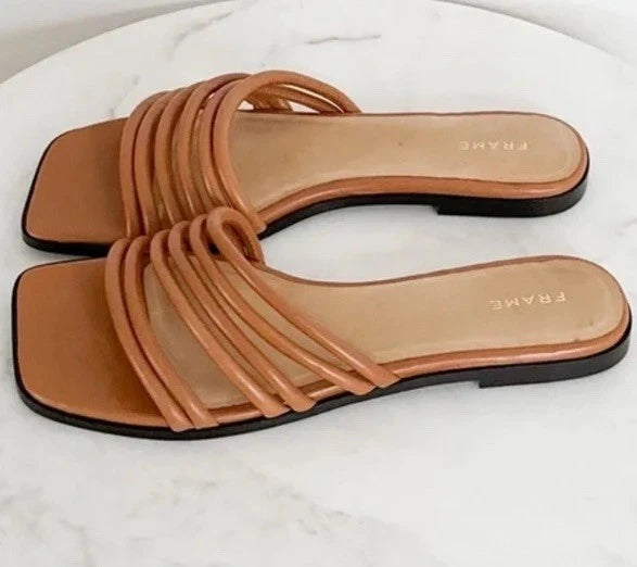 FRAME Le Capri Strappy Slide Sandals  Tan Leather Sz 40 $298