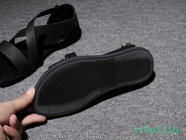 Fashion Men's Real Leather Summer Beach Roman Sandals Studded Shoes Flat Vintage