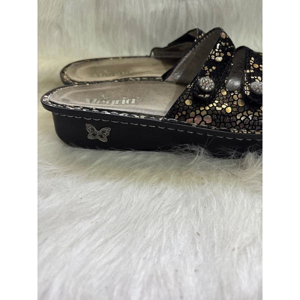 Alegria Black & Gold Leather Rhinestone Embellished Slide Sandals EU 41