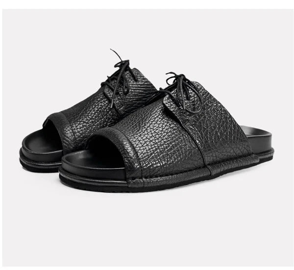 Men's Real Leather Slippers Open Toe Sandals Slides Lace Up Flat Comfort Casual