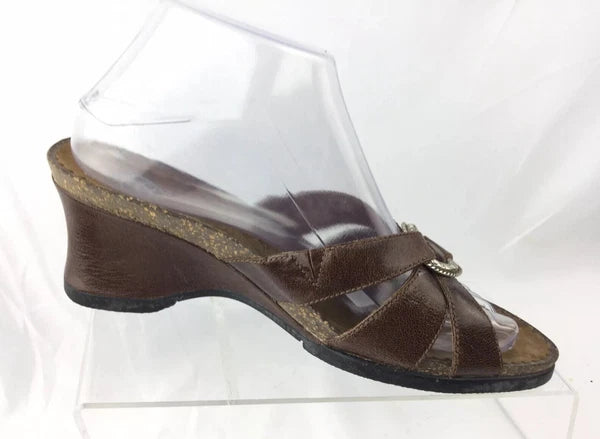 ARIAT Brown Leather Cork Wedge Slide Silver Ring Style 20903 Sandals Sz 8B