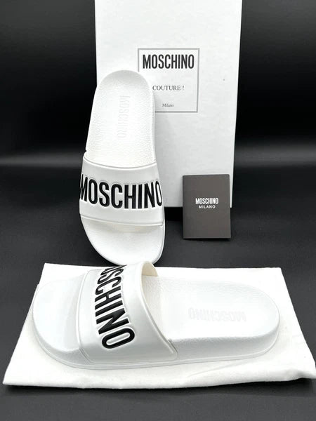 Moschino Womens Wide Logo Rubber White Flat Slip On Pool Slide Sandal US 5/EU 35